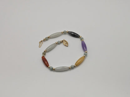14K Gold Bead Multi Color Jade Jadite Tube Bead Bracelet. Tube Cylinder Yellow Gold 7"Inch Bracelet.