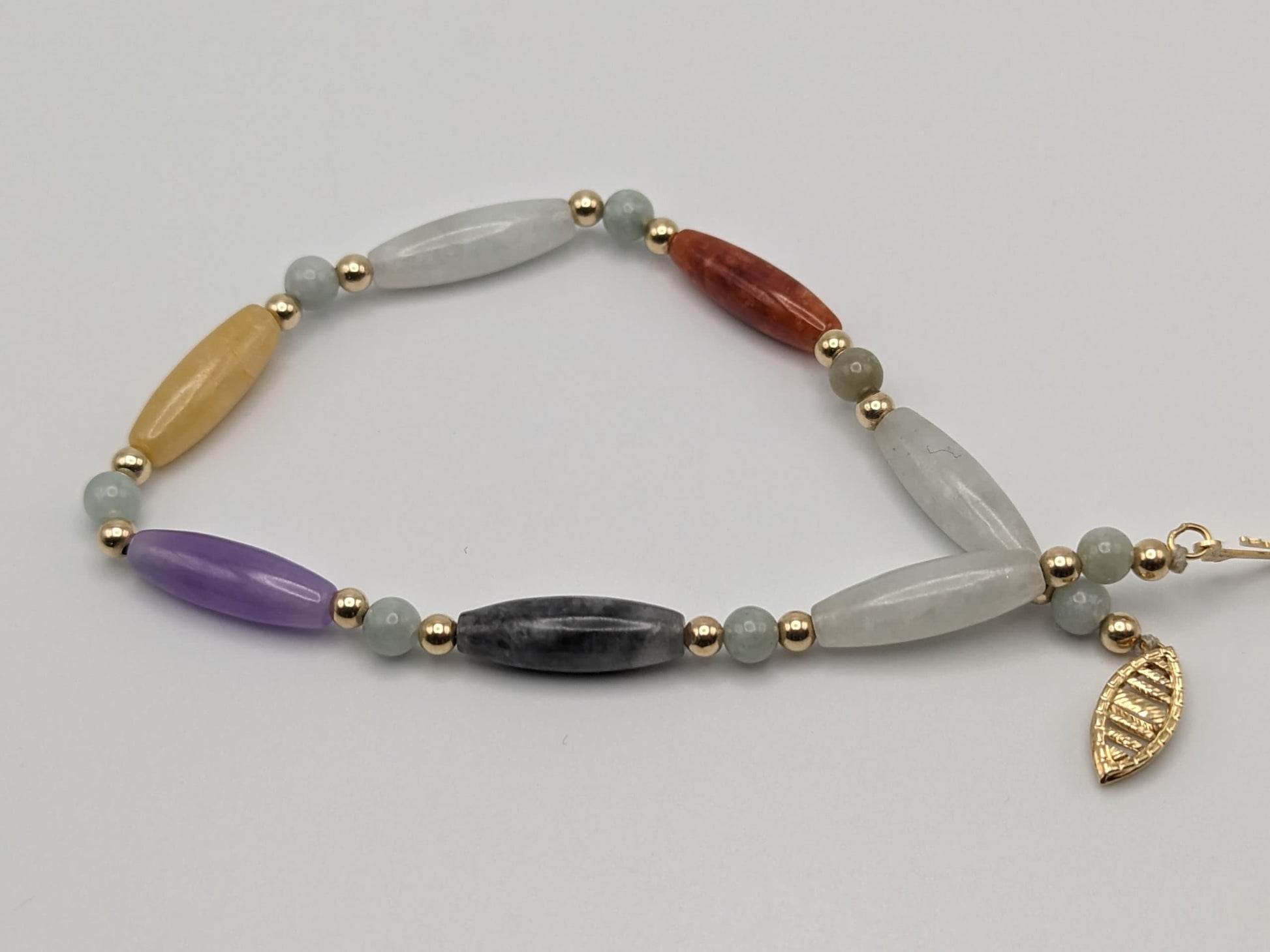 14K Gold Bead Multi Color Jade Jadite Tube Bead Bracelet. Tube Cylinder Yellow Gold 7"Inch Bracelet.