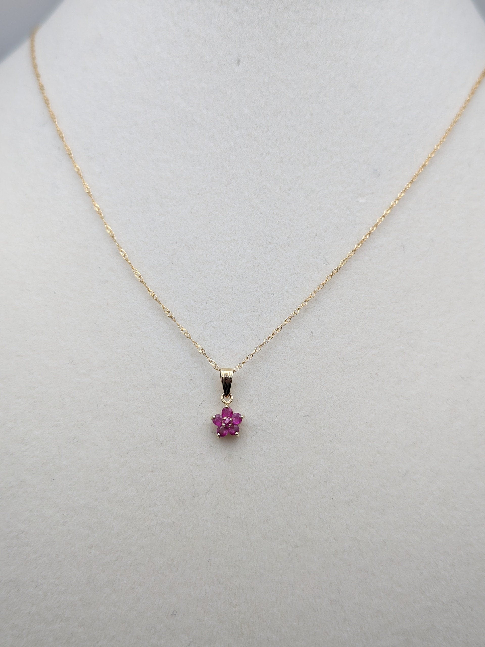 10k Solid Gold Flower Necklace Pendant. 10k Gold Chain with Ruby Flower.