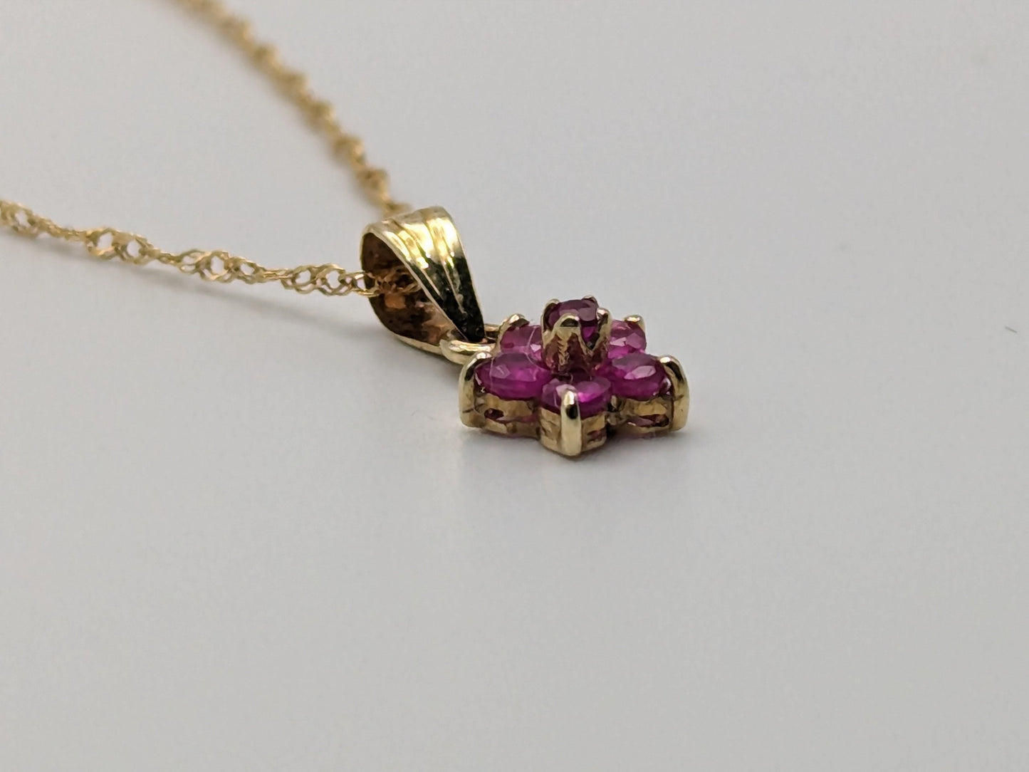 10k Solid Gold Flower Necklace Pendant. 10k Gold Chain with Ruby Flower.