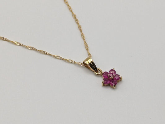 10k Solid Gold Flower Necklace Pendant. 10k Gold Chain with Ruby Flower.