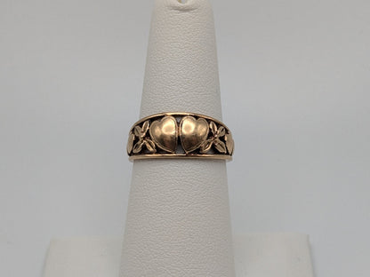 10k Yellow Gold Double Heart Ring Hearts Flowers Gold Band Promise Ring