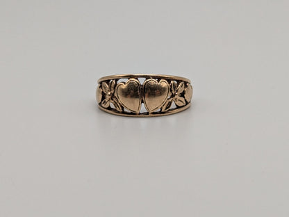 10k Yellow Gold Double Heart Ring Hearts Flowers Gold Band Promise Ring