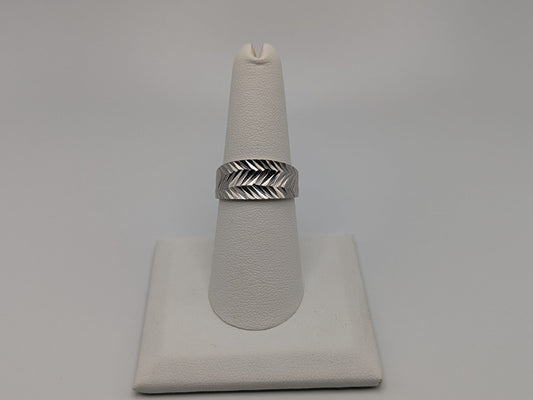 White Gold 10k Diamond Cut ZigZag Flat Tapered Band 9mm Textured Wedding Cigar Ring