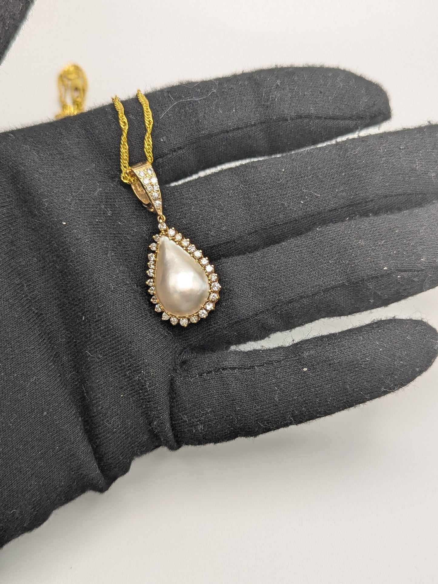 14k Yellow Gold Pear Shaped Mabe Pearl .75ct Diamond Frame Pendant Necklace + Complimentary 18k GF 18" Chain.