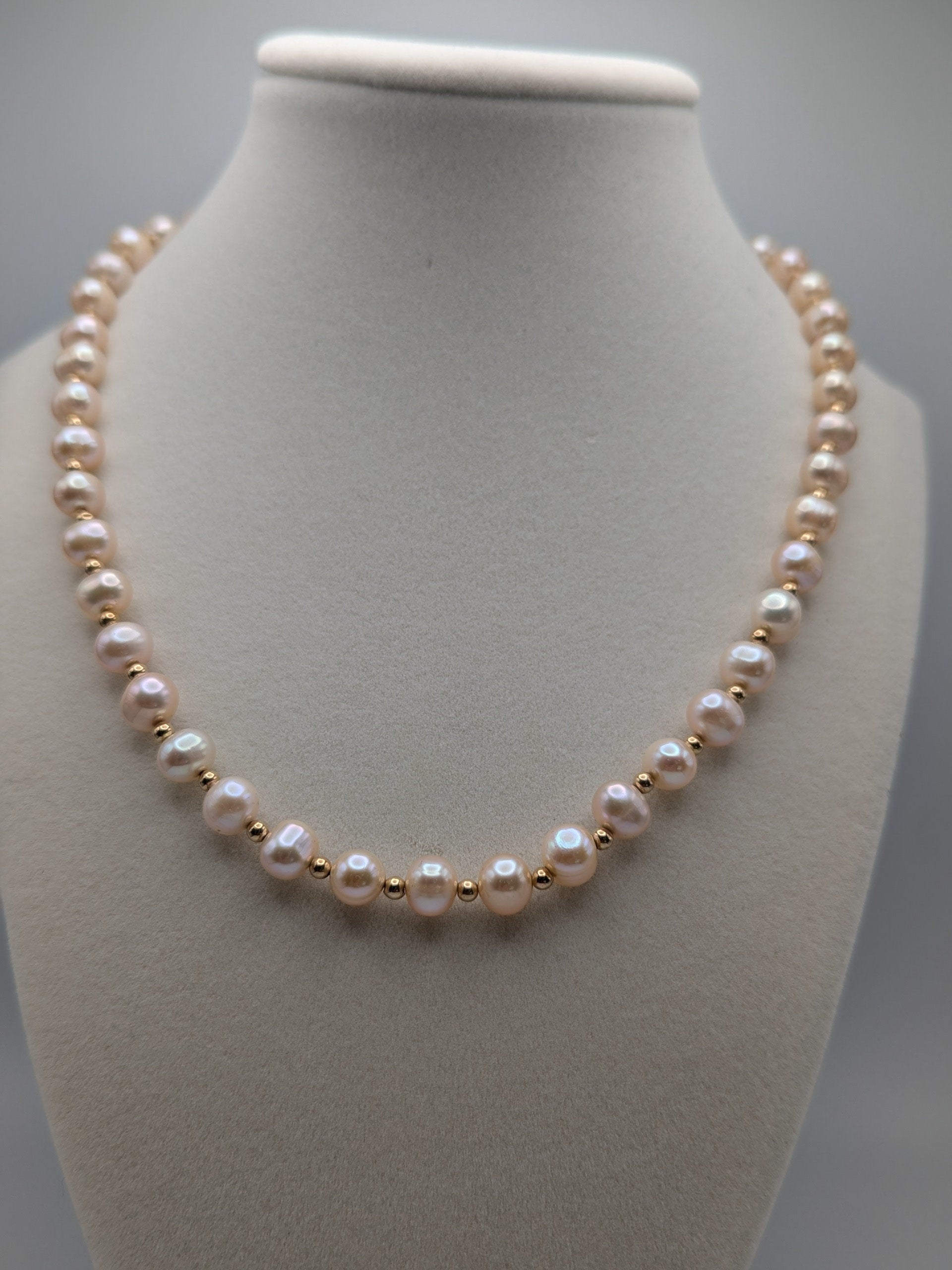 Large 14k Yellow Gold Beads Light Pink Real Pearl Necklace 8mm Beads