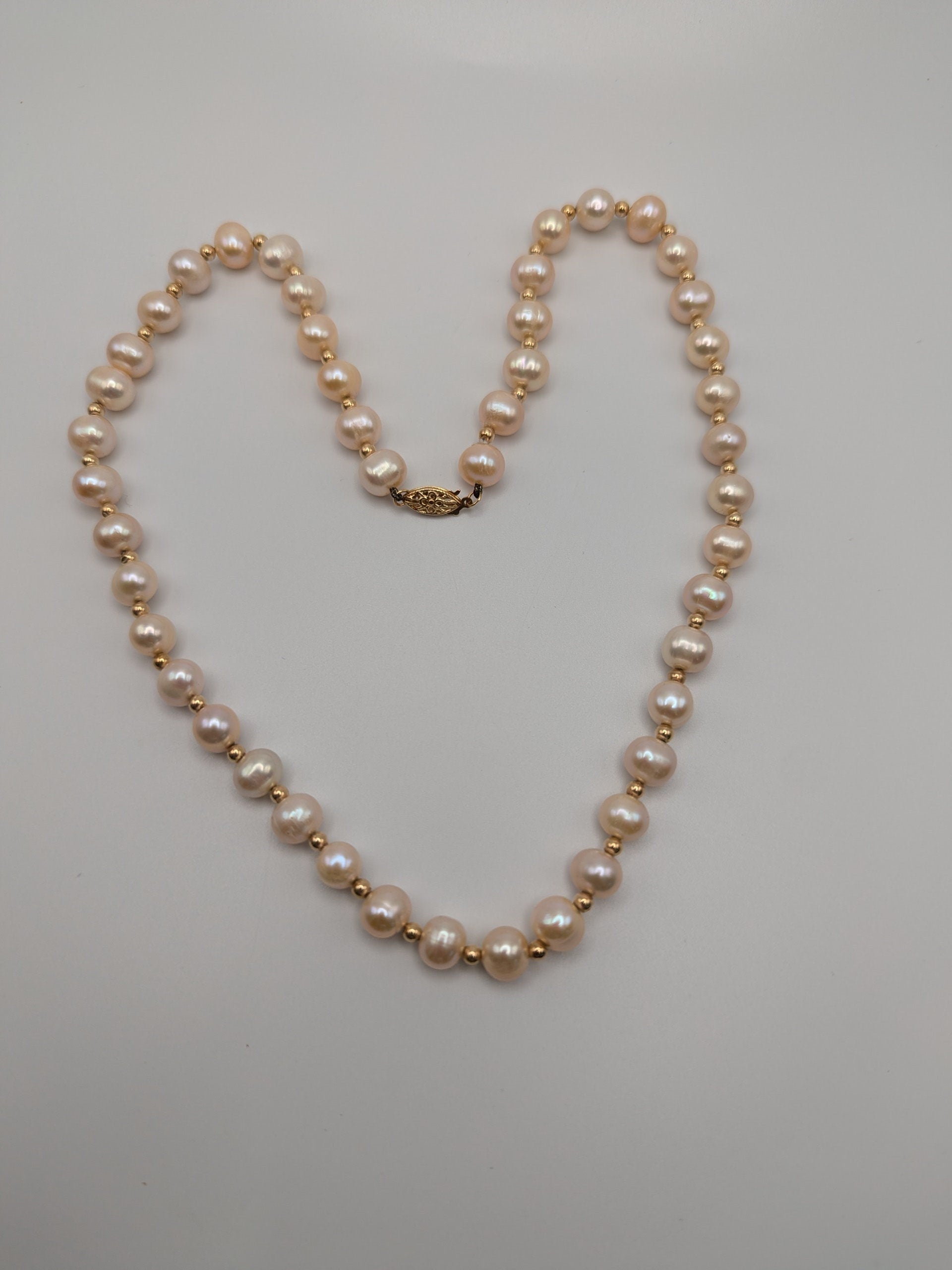 Large 14k Yellow Gold Beads Light Pink Real Pearl Necklace 8mm Beads