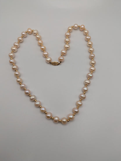 Large 14k Yellow Gold Beads Light Pink Real Pearl Necklace 8mm Beads