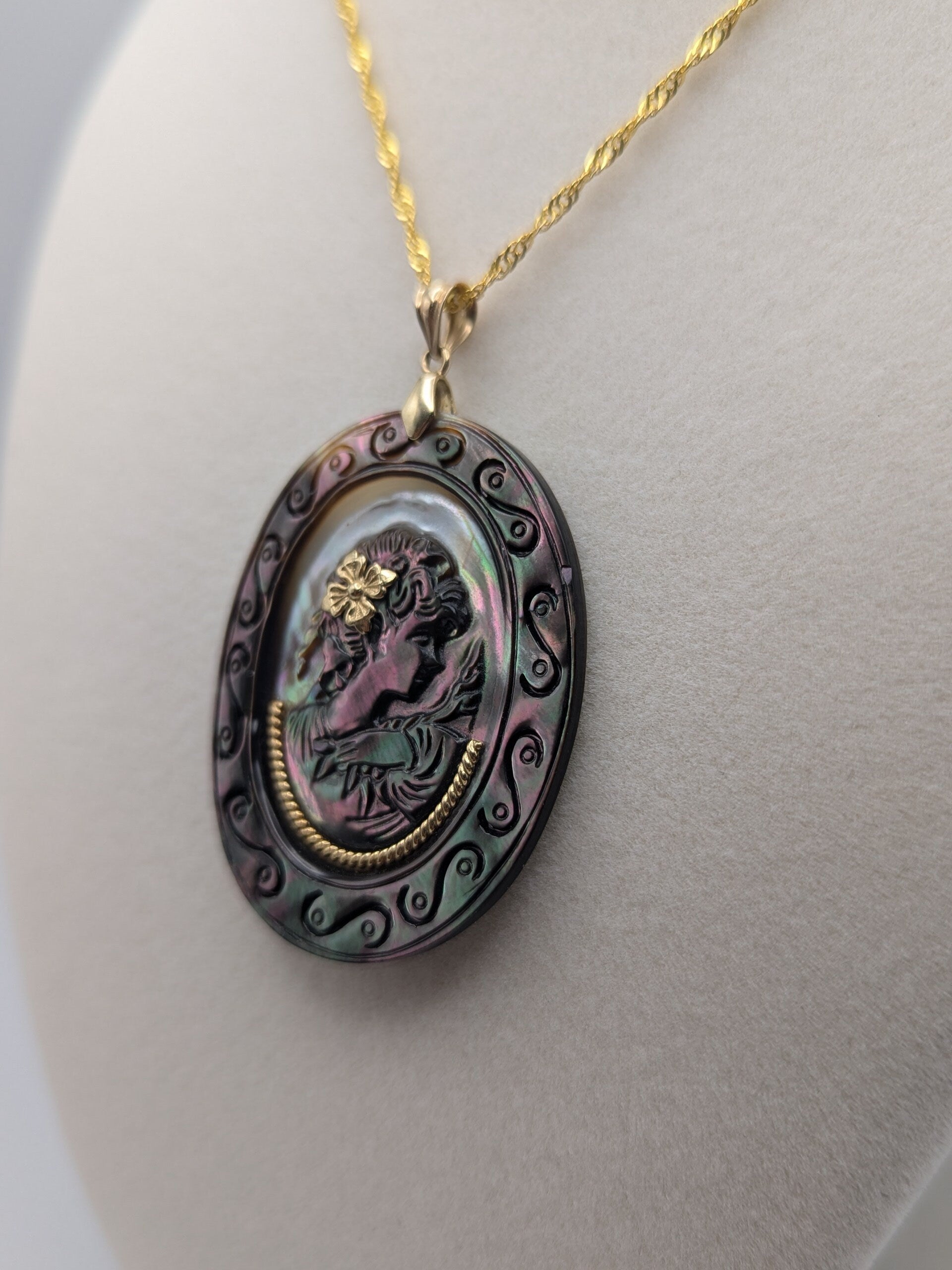 10k Gold Large Carved Abalone Shell Portrait of Lady Cameo Pendant + Complimentary GF 18k Necklace 18"