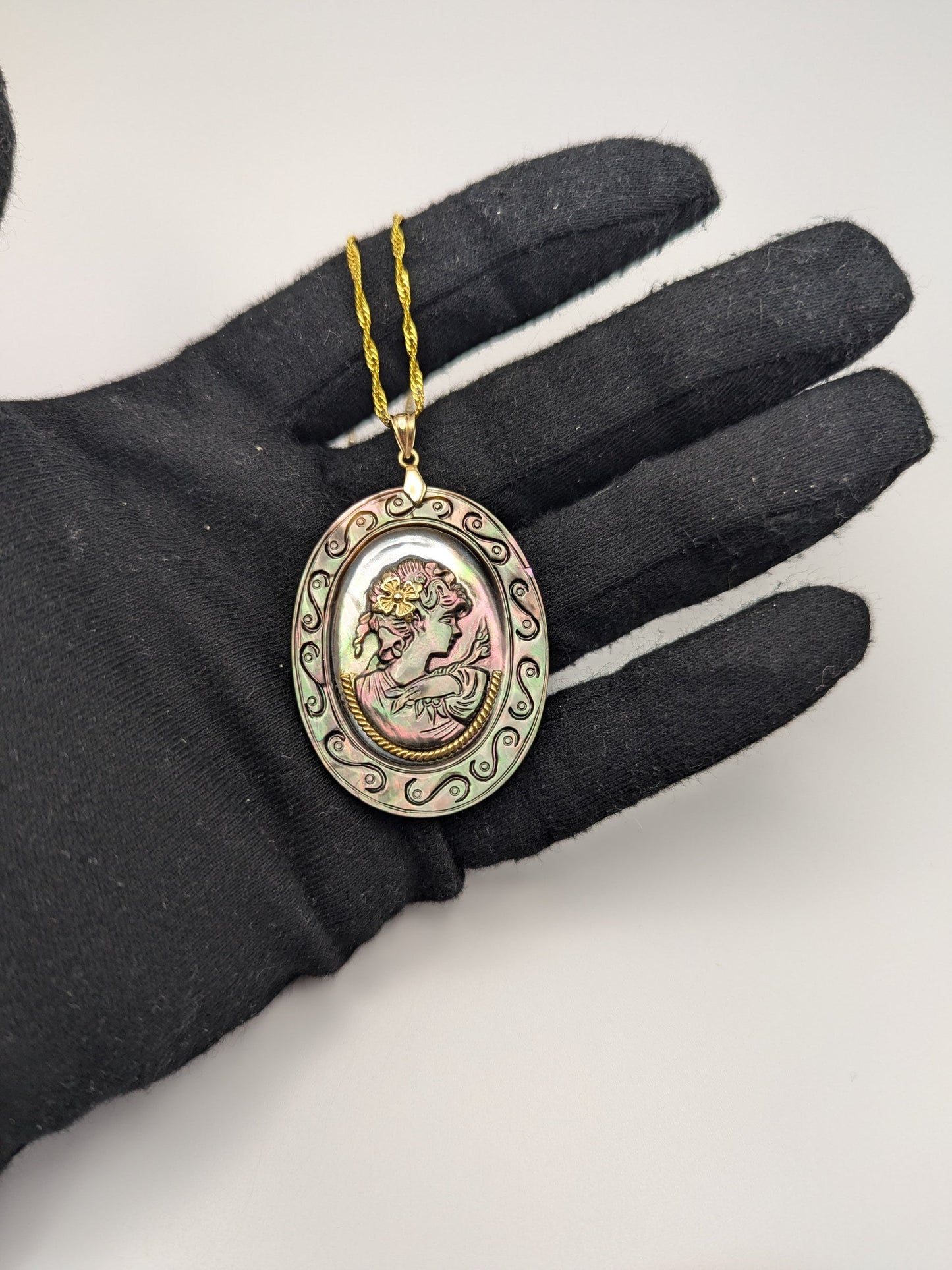 10k Gold Large Carved Abalone Shell Portrait of Lady Cameo Pendant + Complimentary GF 18k Necklace 18"