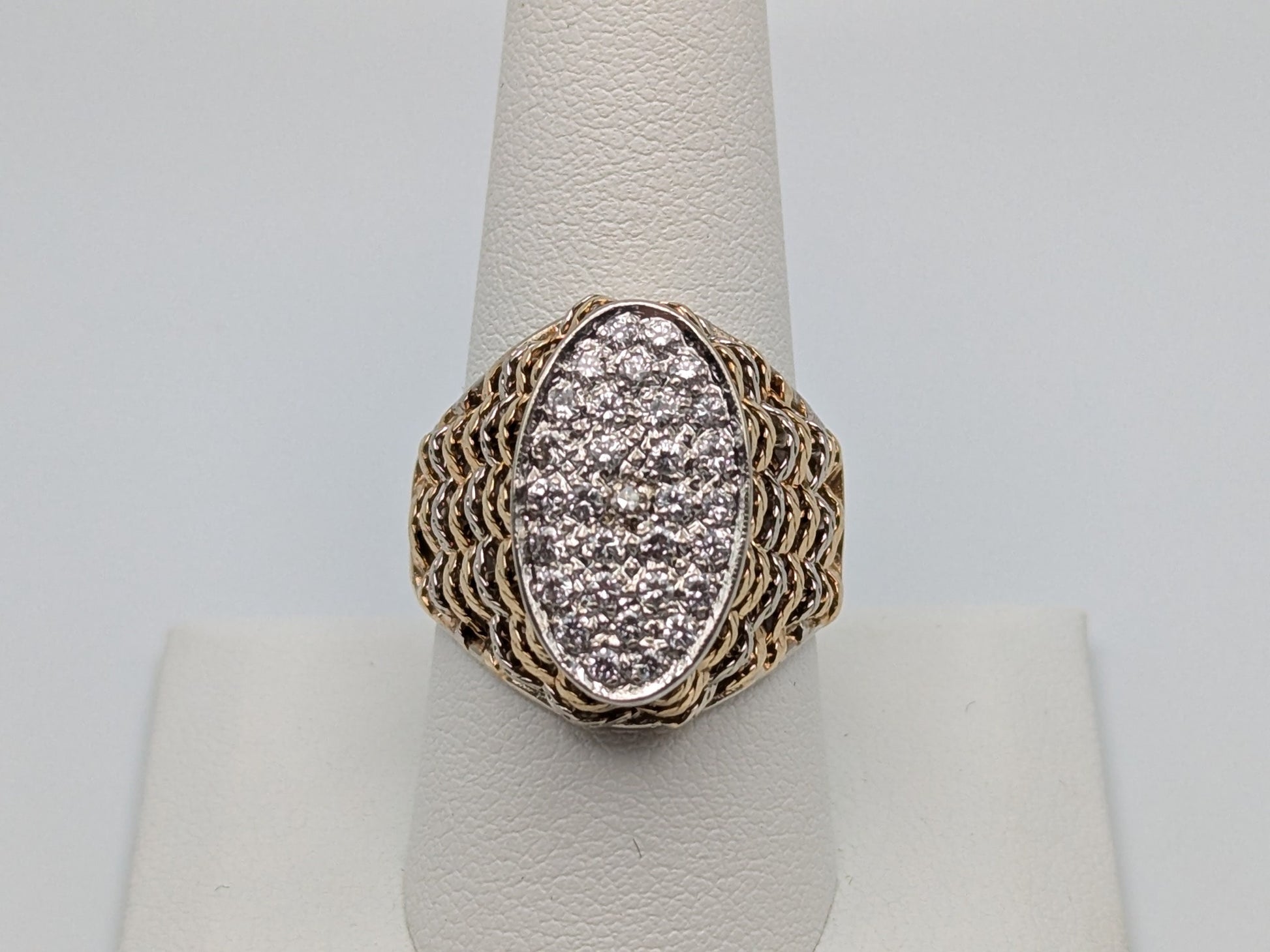 14k ITALY Solid Two-Tone Gold Large 8.8gr Mens Domed Oval 1 ct Diamond Statement Ring Size