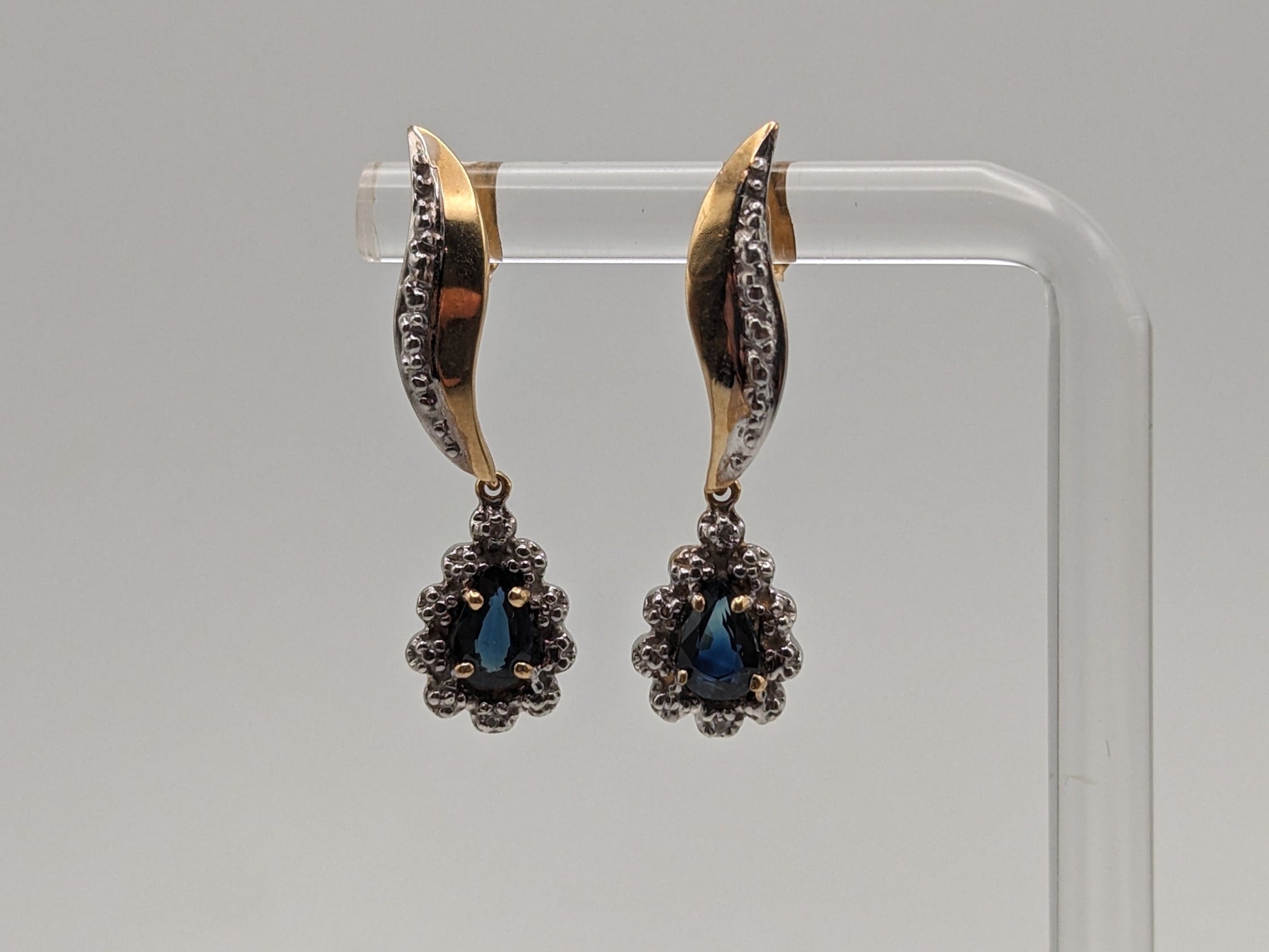 10k Yellow Gold Diamond and Blue Sapphire Earrings. 10k Dangle Earrings.