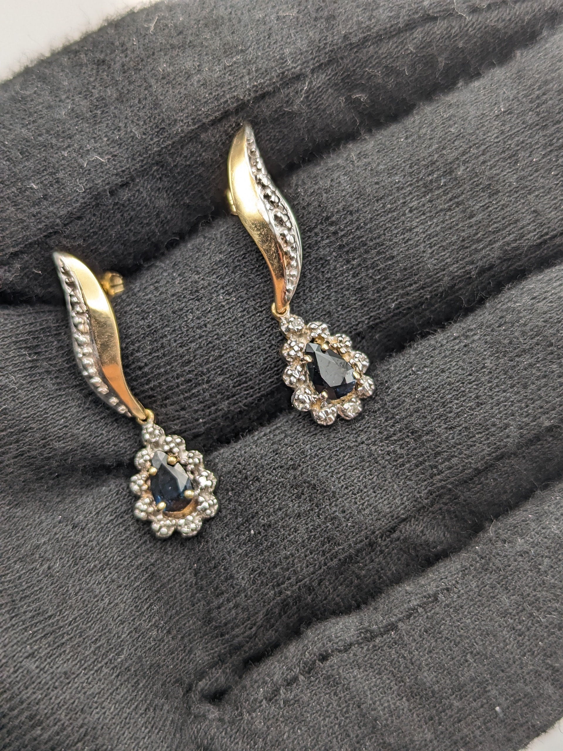 10k Yellow Gold Diamond and Blue Sapphire Earrings. 10k Dangle Earrings.