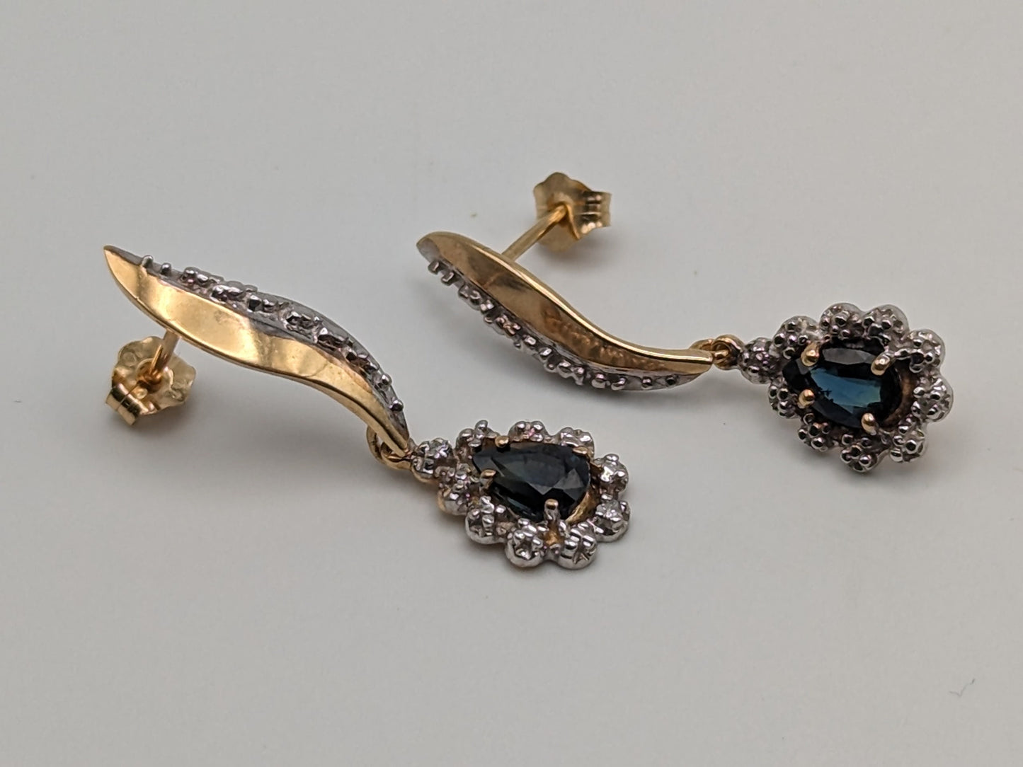 10k Yellow Gold Diamond and Blue Sapphire Earrings. 10k Dangle Earrings.