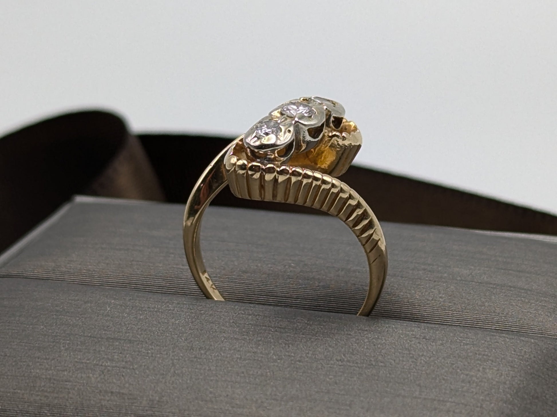 14k Yellow Gold Triple .3ct Diamond Ring. 14k Bypass Setting Diamond Band. Engagement Ring.