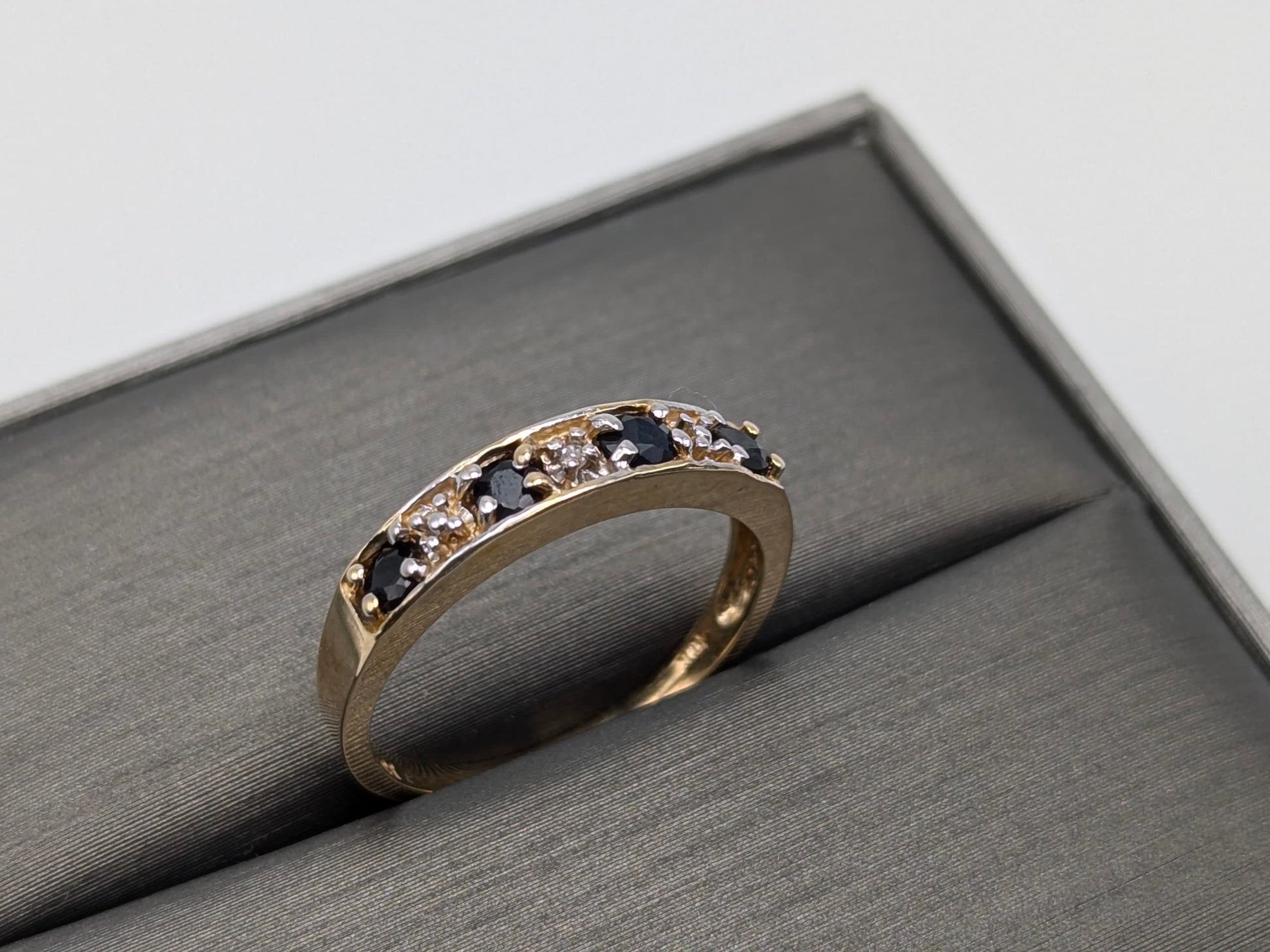 10k Yellow Gold Blue Sapphire Diamond Channel Setting Ring. Wedding Ring.Promise Band