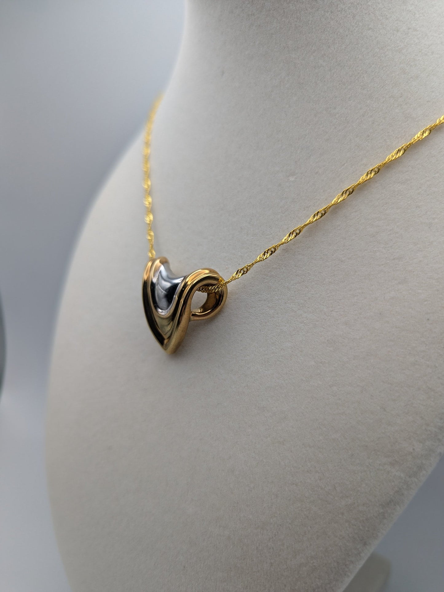 Large 14k Two-Tone Gold Modern Heart Infinity Shield Pendant + Complimentary 18k GF Necklace.