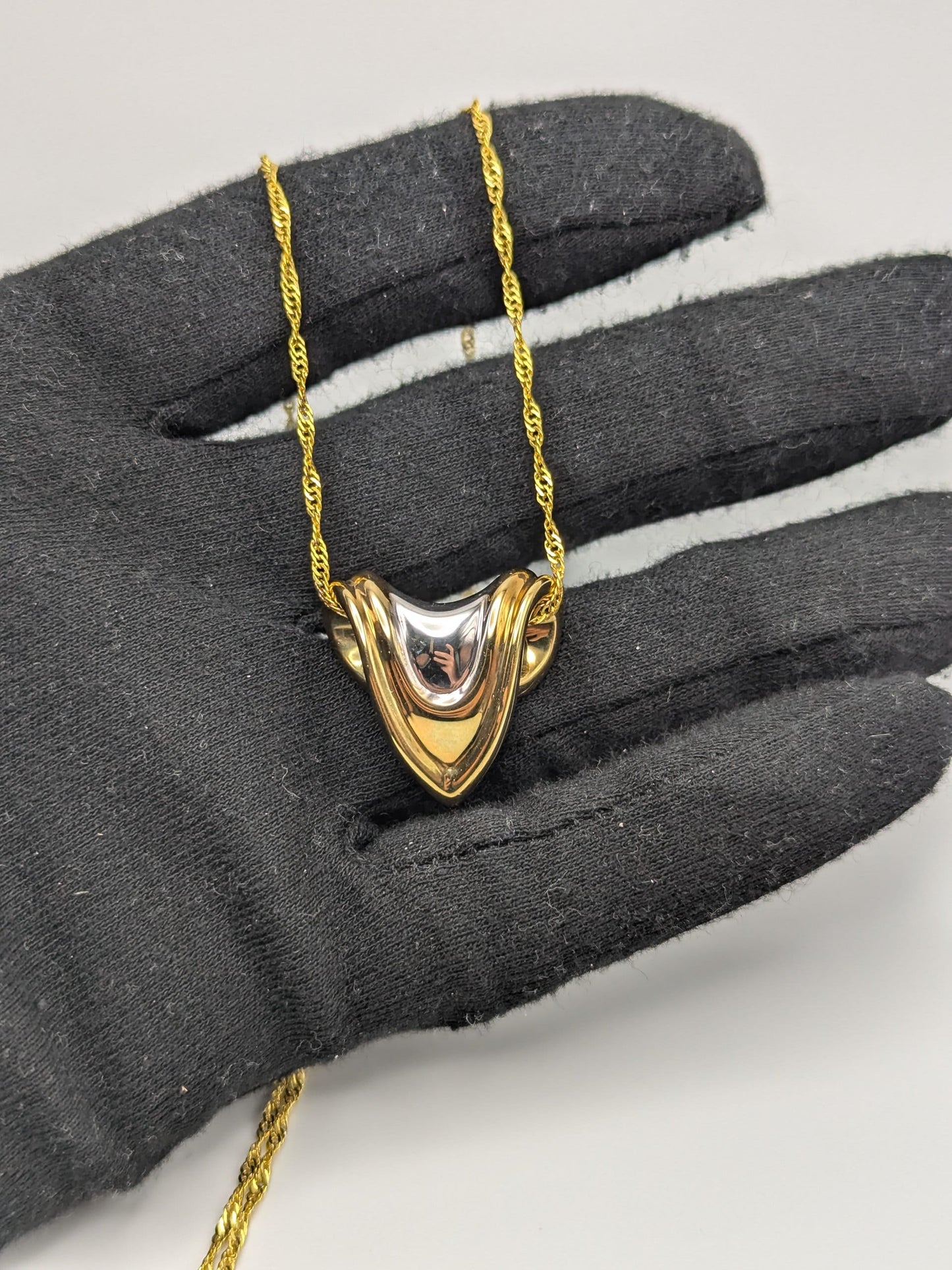 Large 14k Two-Tone Gold Modern Heart Infinity Shield Pendant + Complimentary 18k GF Necklace.