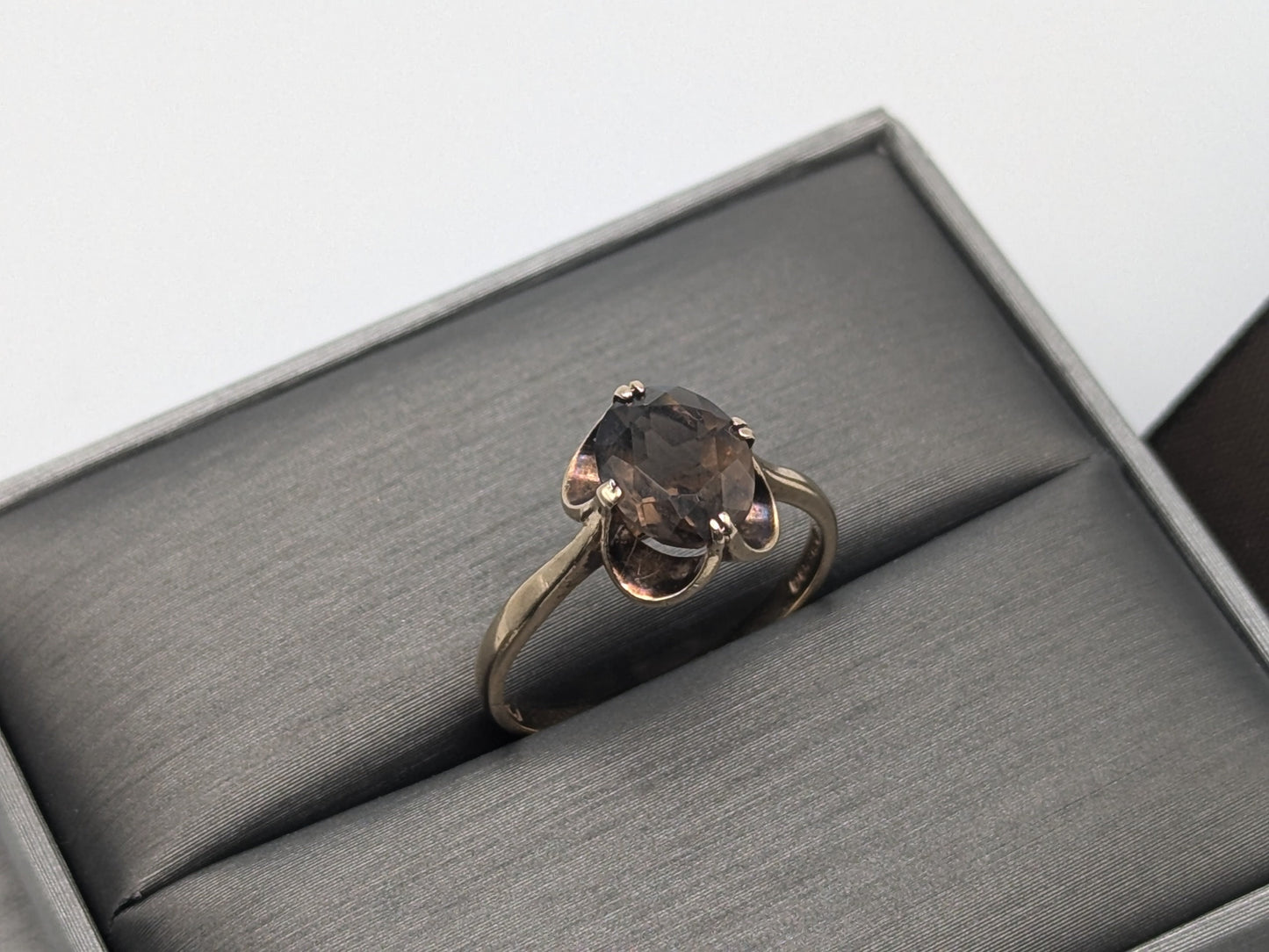 9k Designer England Gold Ring Chocolate Smoky Quartz Oval Statement Wedding Cocktail Ring