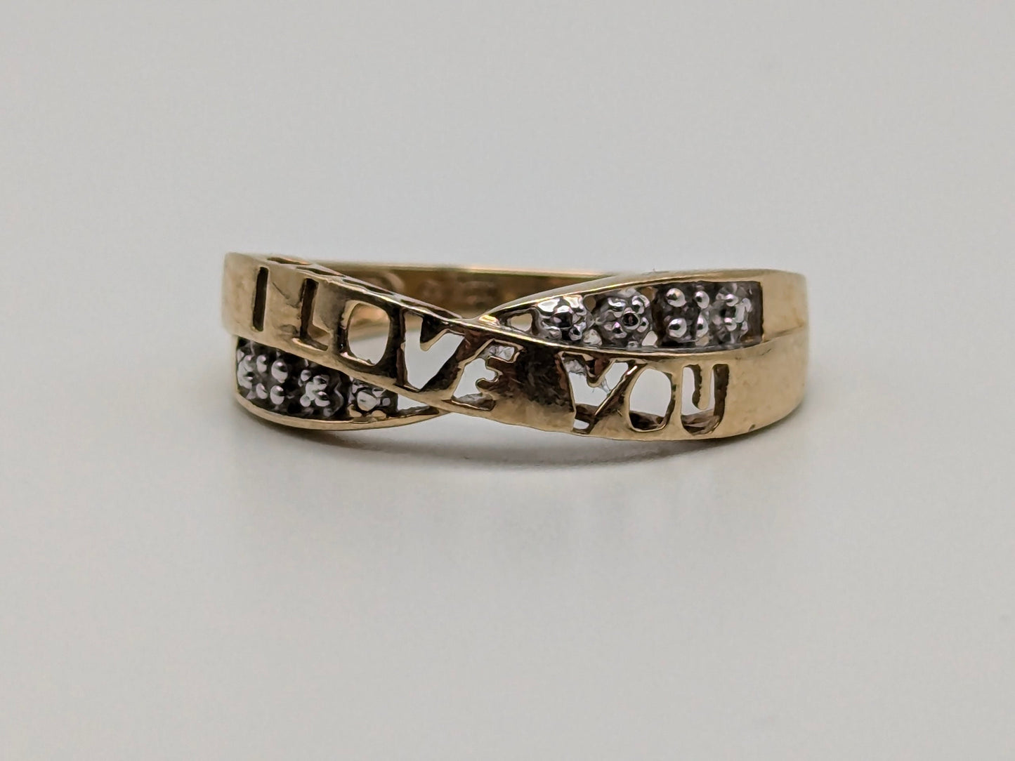 10k Yellow Gold "I Love You" Diamond Ring Anniversary Double Wedding promise Band.