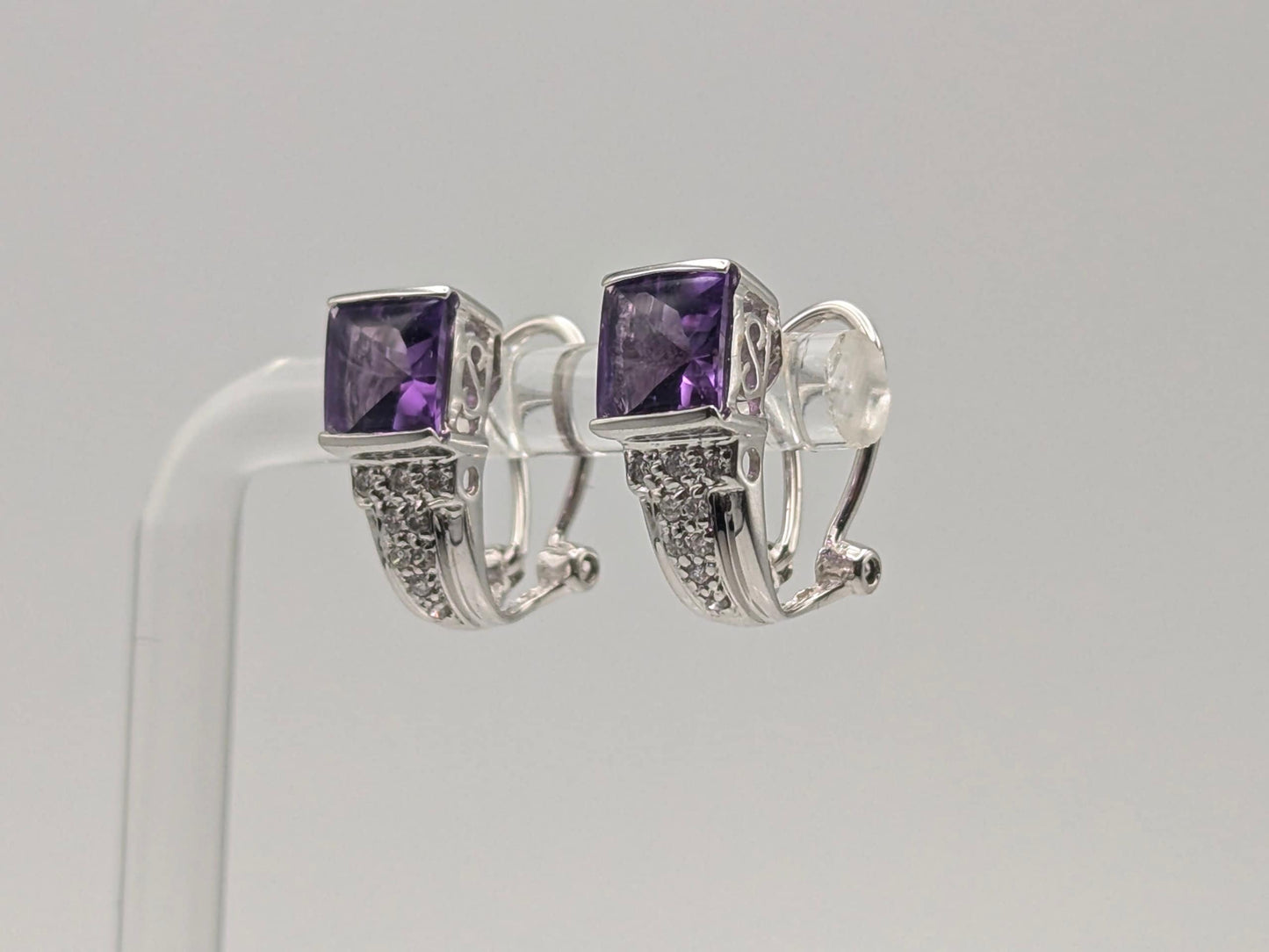 14k White Gold Amethyst Earrings. Omega Back Amethyst Stone Earrings.