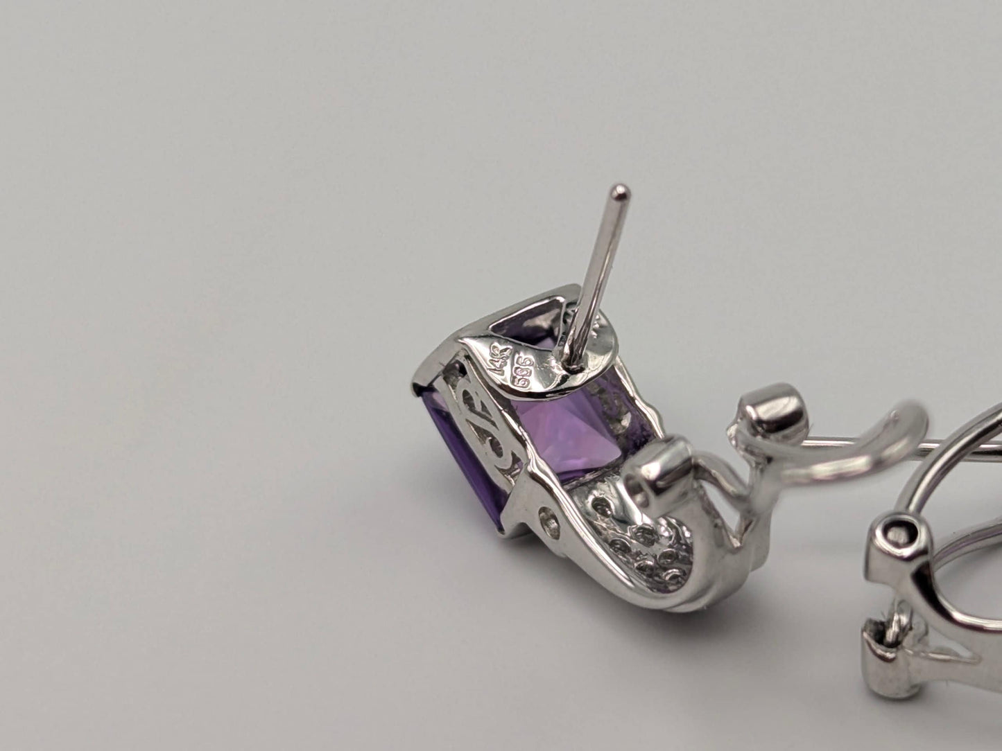 14k White Gold Amethyst Earrings. Omega Back Amethyst Stone Earrings.