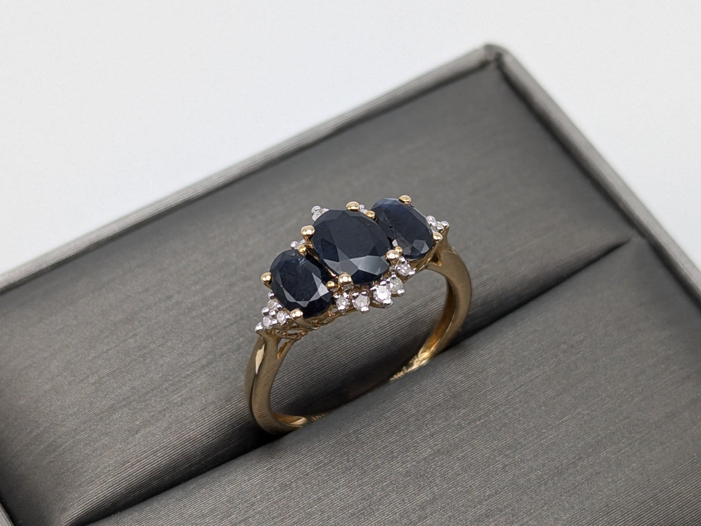 14k Yellow Gold Blue Sapphire Diamond Ring. Triple Sapphire Band. 14k Promise Ring.