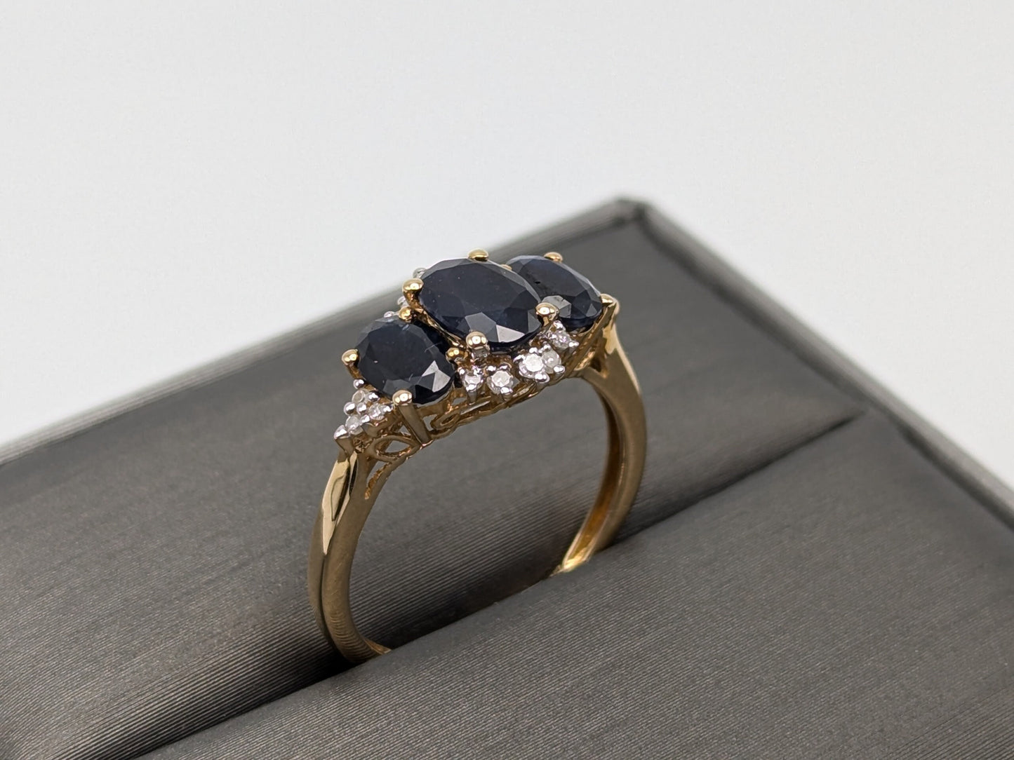 14k Yellow Gold Blue Sapphire Diamond Ring. Triple Sapphire Band. 14k Promise Ring.