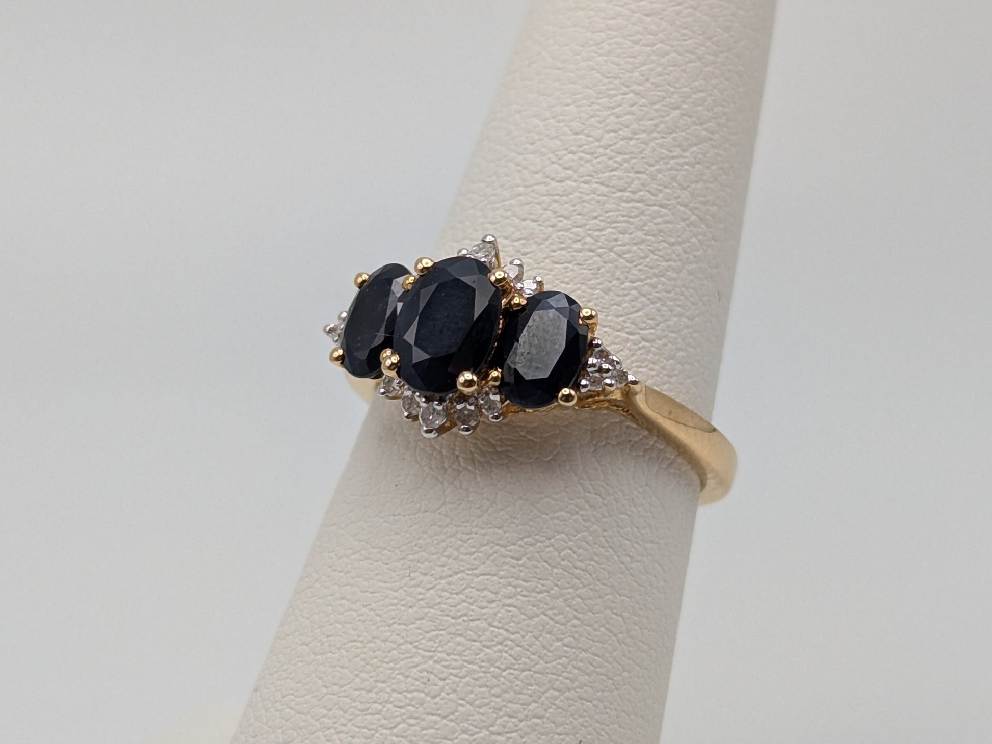 14k Yellow Gold Blue Sapphire Diamond Ring. Triple Sapphire Band. 14k Promise Ring.