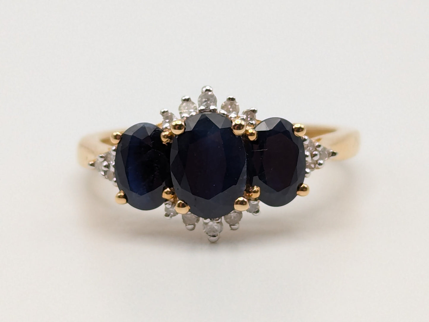 14k Yellow Gold Blue Sapphire Diamond Ring. Triple Sapphire Band. 14k Promise Ring.