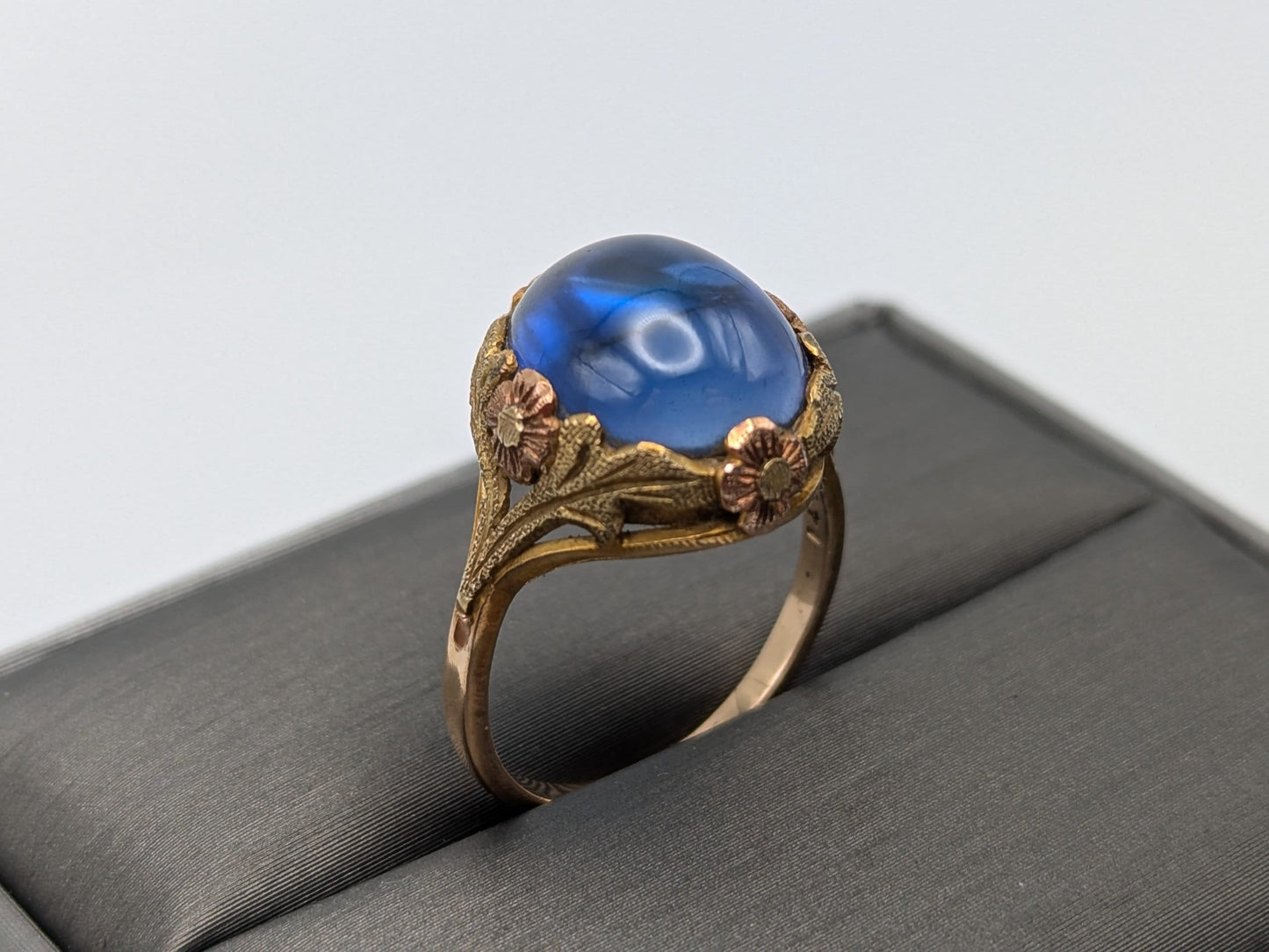 14k Vintage Yellow Gold Blue Sapphire Cabochon Ring Vintage Filigree Cabochon Cocktail Ring