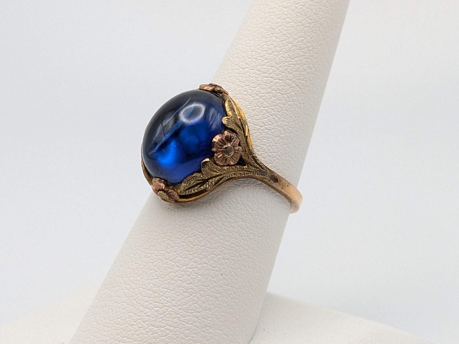 14k Vintage Yellow Gold Blue Sapphire Cabochon Ring Vintage Filigree Cabochon Cocktail Ring