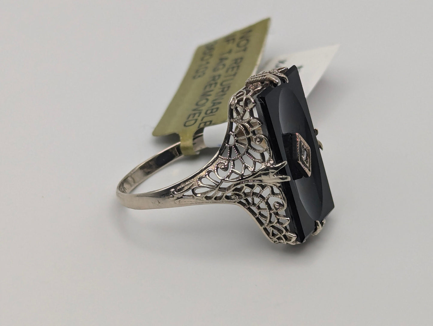 14k White Gold Art Deco Filigree Black Onyx Ring. Midnight Black Onyx Pinky Band