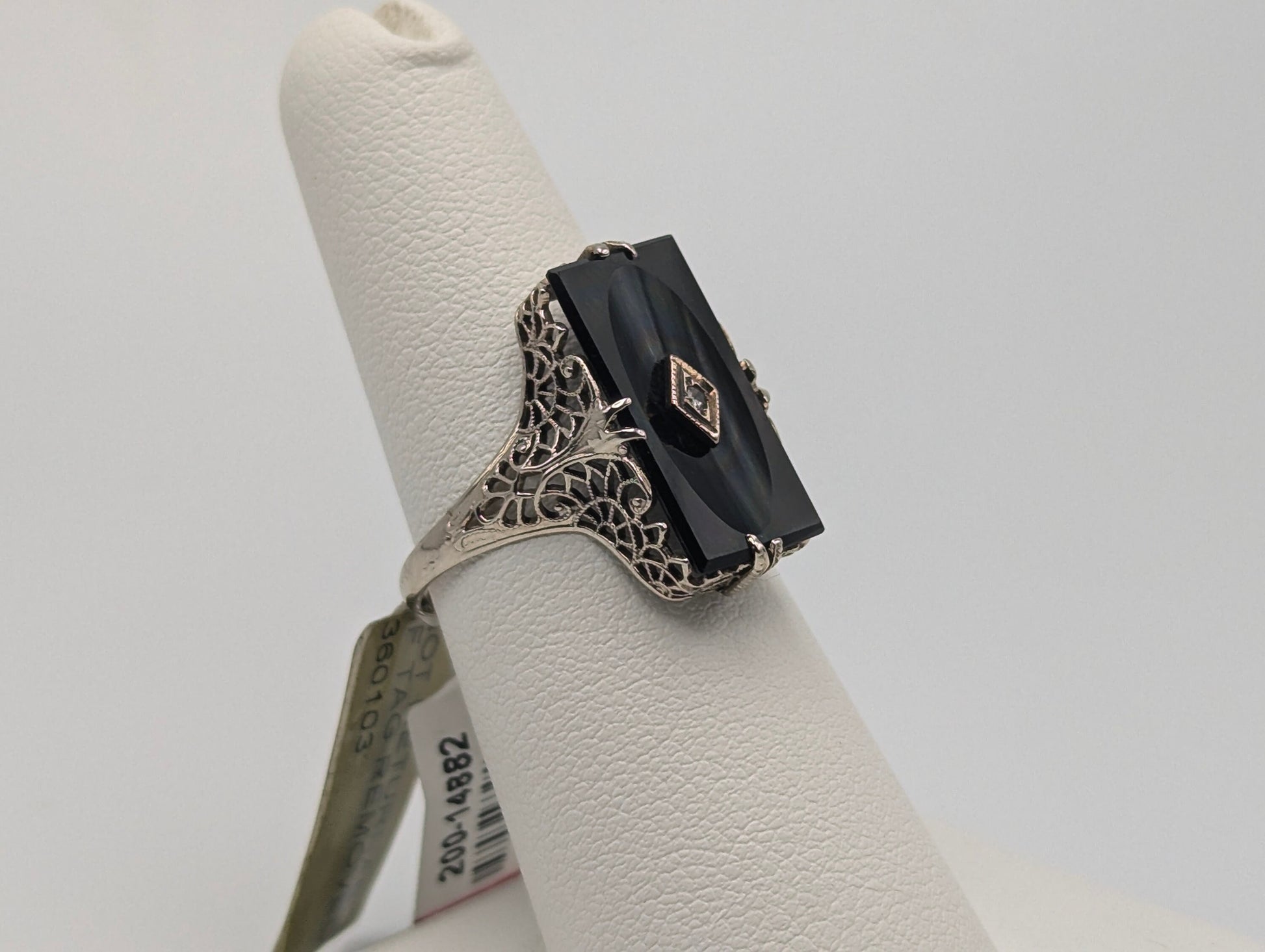 14k White Gold Art Deco Filigree Black Onyx Ring. Midnight Black Onyx Pinky Band