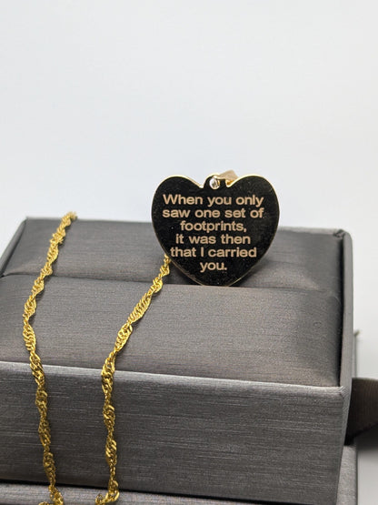 14K Heart Footprints in the Sand Poem Pendant Necklace Christian + Complim 18kGF 18" Chain