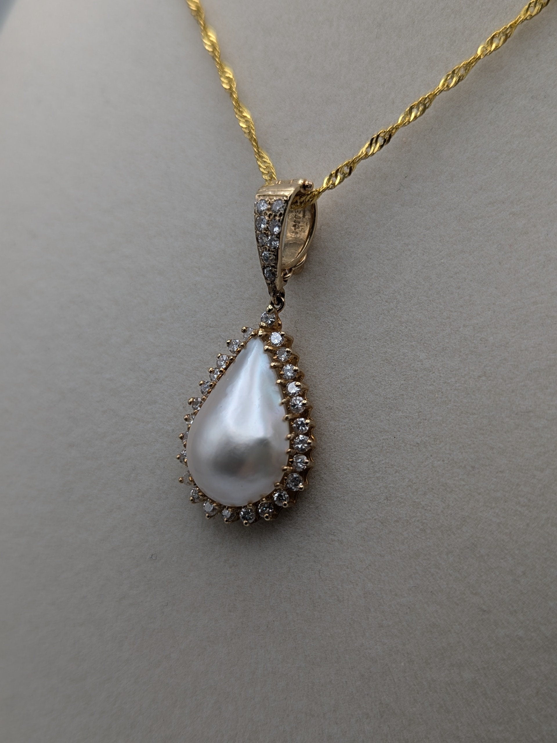 14k Yellow Gold Pear Shaped Mabe Pearl .75ct Diamond Frame Pendant Necklace + Complimentary 18k GF 18" Chain.