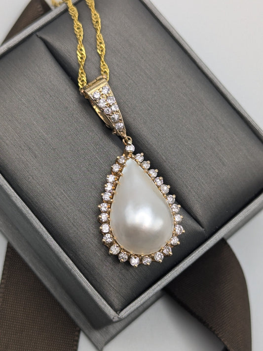 14k Yellow Gold Pear Shaped Mabe Pearl .75ct Diamond Frame Pendant Necklace + Complimentary 18k GF 18" Chain.