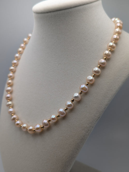 Large 14k Yellow Gold Beads Light Pink Real Pearl Necklace 8mm Beads