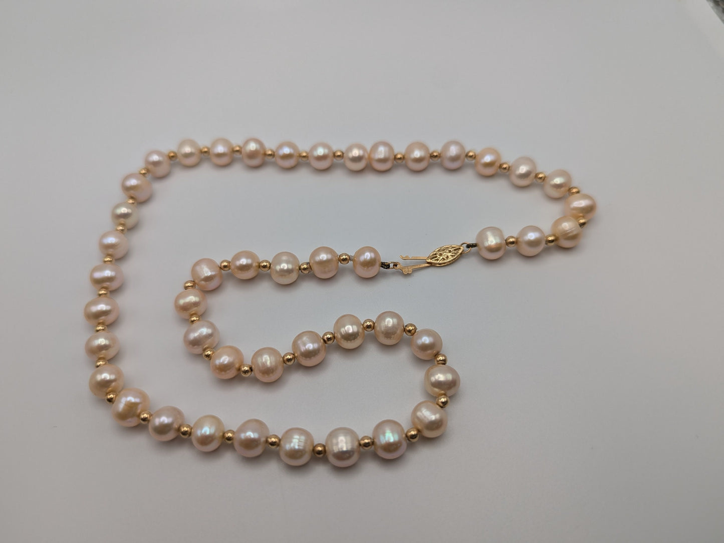 Large 14k Yellow Gold Beads Light Pink Real Pearl Necklace 8mm Beads