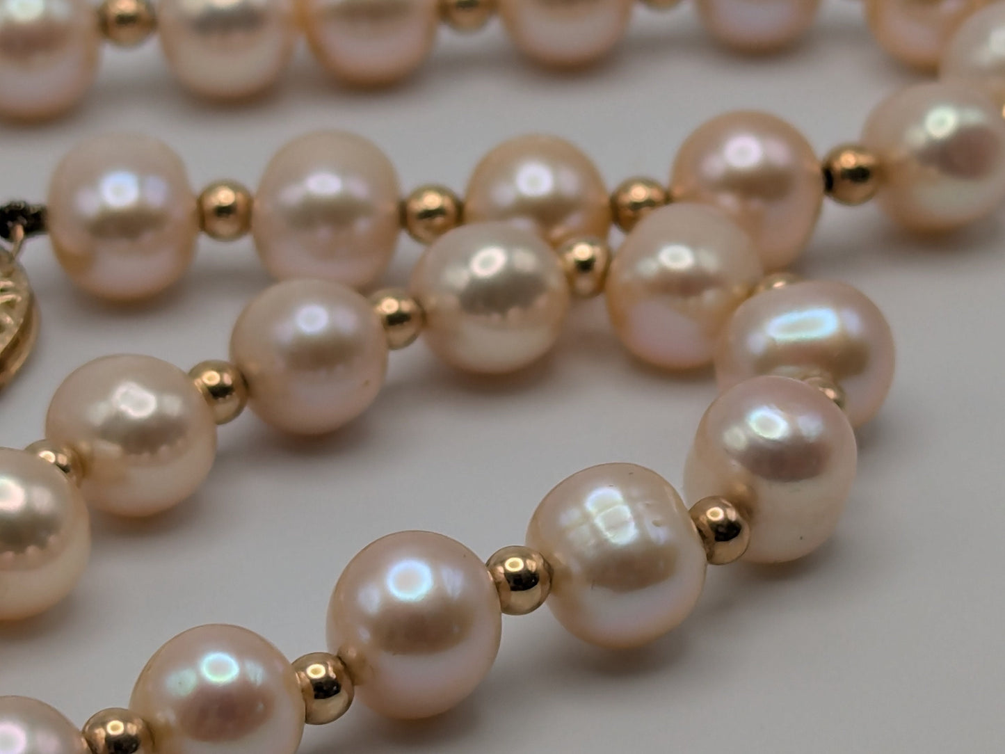 Large 14k Yellow Gold Beads Light Pink Real Pearl Necklace 8mm Beads