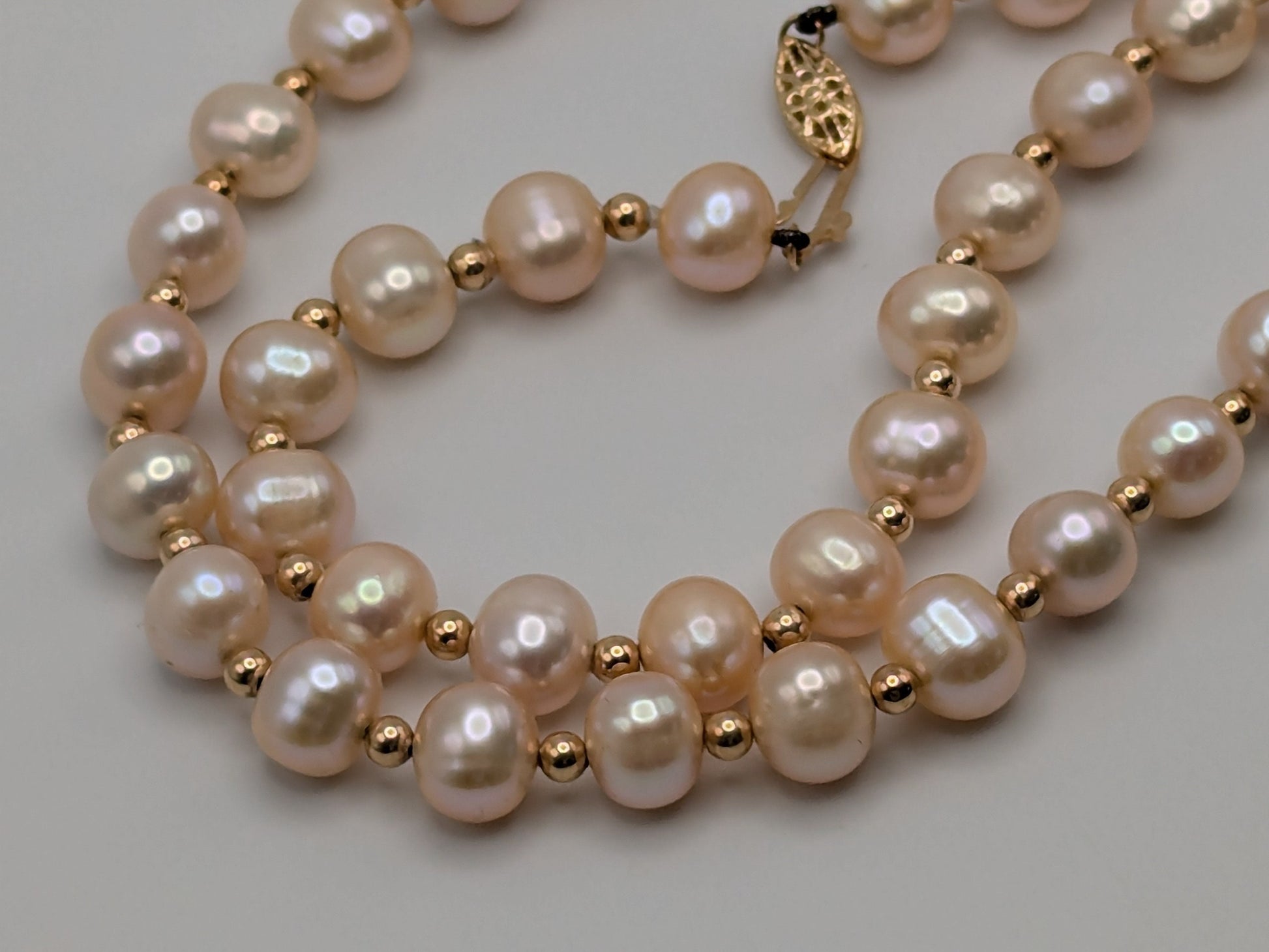 Large 14k Yellow Gold Beads Light Pink Real Pearl Necklace 8mm Beads