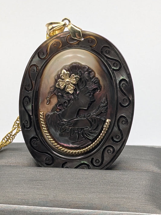 10k Gold Large Carved Abalone Shell Portrait of Lady Cameo Pendant + Complimentary GF 18k Necklace 18"