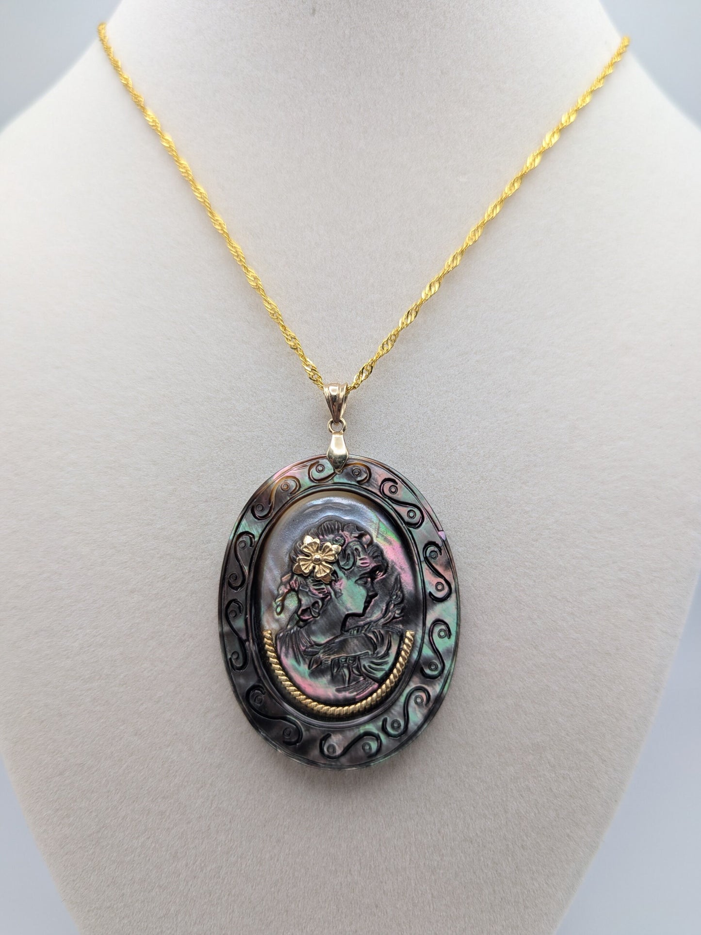 10k Gold Large Carved Abalone Shell Portrait of Lady Cameo Pendant + Complimentary GF 18k Necklace 18"