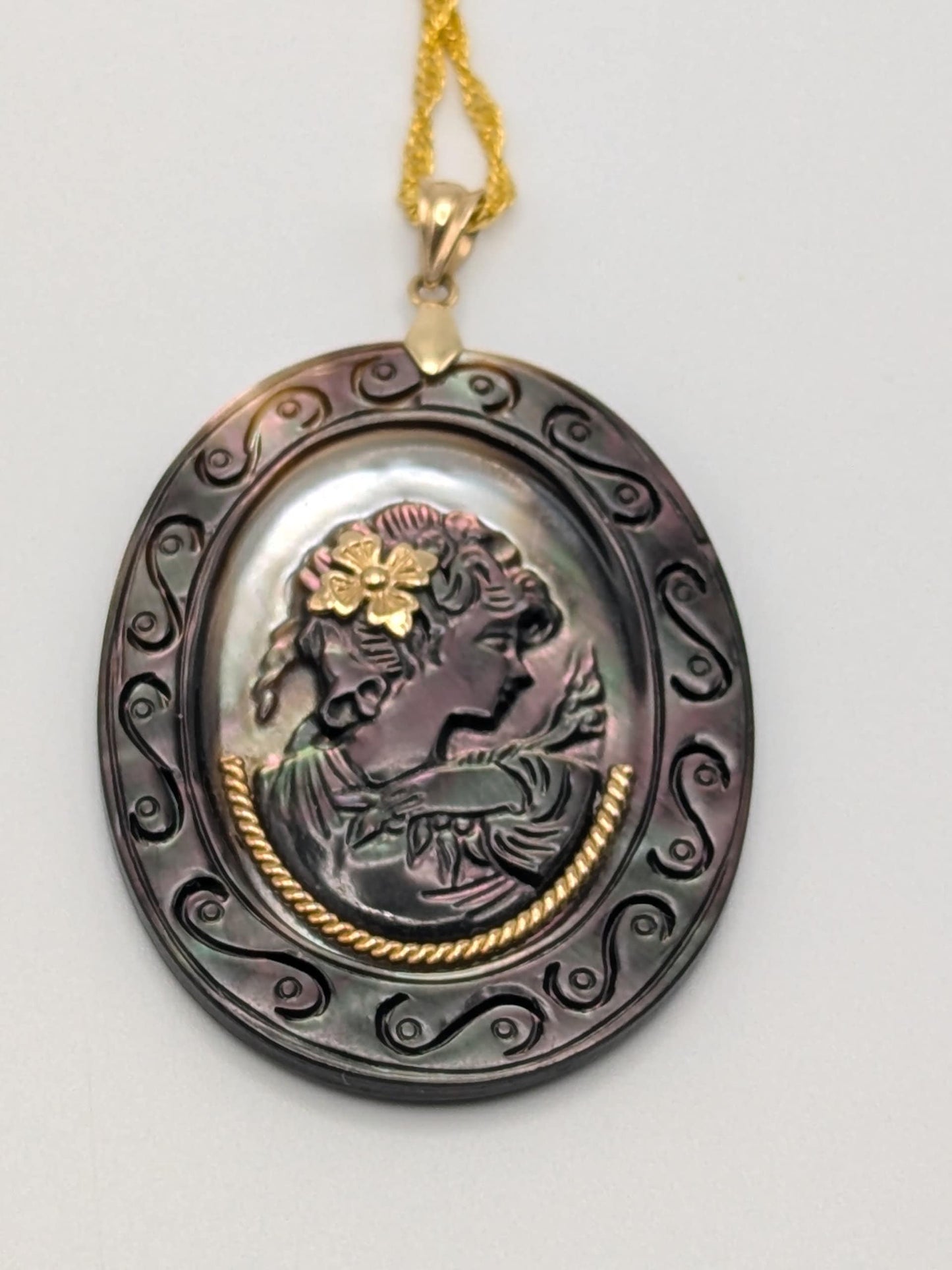 10k Gold Large Carved Abalone Shell Portrait of Lady Cameo Pendant + Complimentary GF 18k Necklace 18"