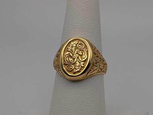 14k Solid ITALY Gold Signet Ring Yellow Gold Statement Floral Wedding Ring.