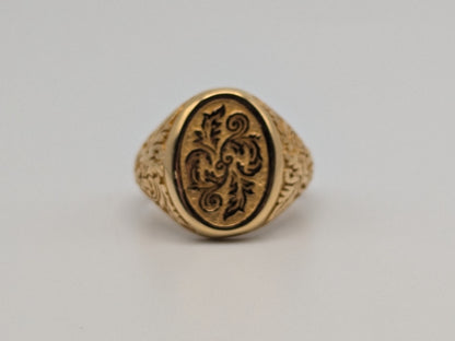 14k Solid ITALY Gold Signet Ring Yellow Gold Statement Floral Wedding Ring.