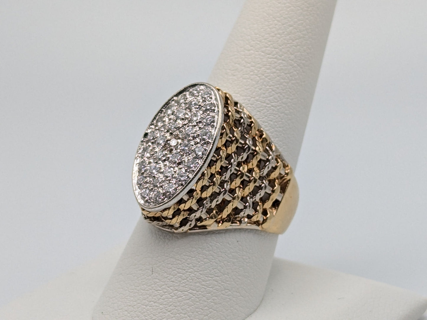 14k ITALY Solid Two-Tone Gold Large 8.8gr Mens Domed Oval 1 ct Diamond Statement Ring Size