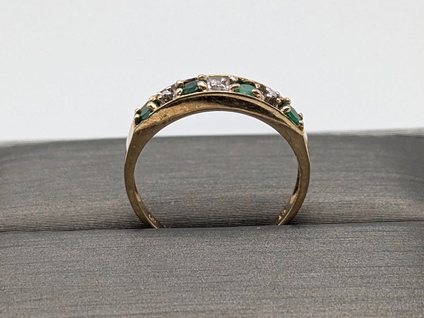 10k Yellow Gold Green Emerald and Diamond Channel Setting Ring. Wedding Ring.Promise Band