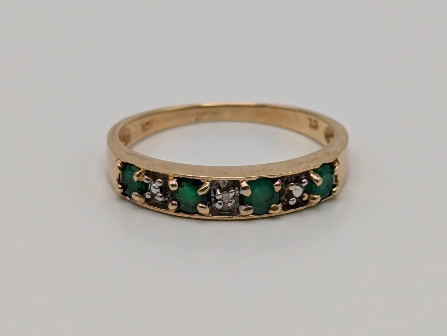 10k Yellow Gold Green Emerald and Diamond Channel Setting Ring. Wedding Ring.Promise Band