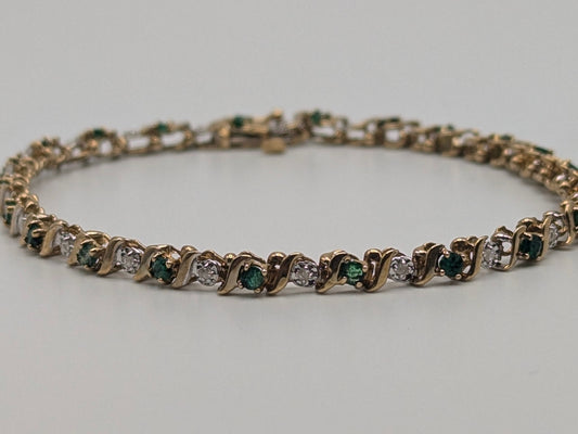 10k Solid Yellow Gold Emerald and Diamond Bracelet 5.7gr Diamond Tennis Bracelet 7"